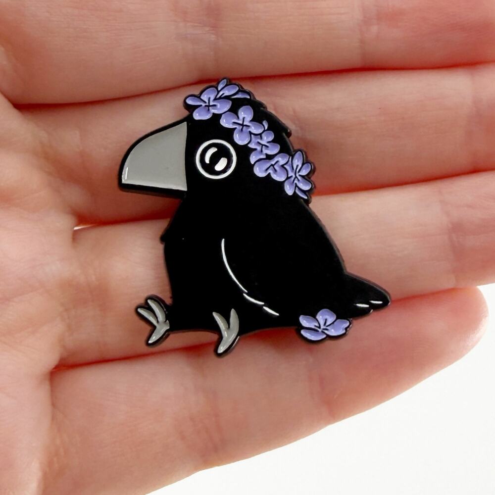 Crow Enamel Pin Cute Goth Bird Lavender Flowers Cottagecore Brooch
